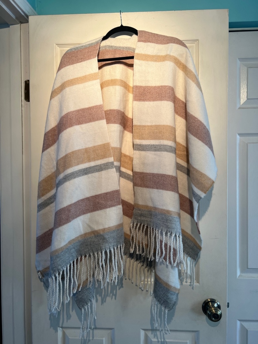 Lucky Brand Striped Fringe Poncho - Cream, Tan & Gray